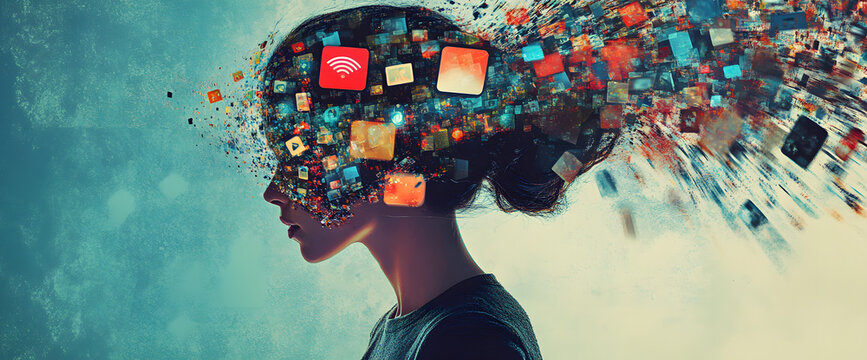 powerful visual metaphor of social media addiction, with a young woman's head bursting open from the pressure of excessive information.information illustrated by a young woman's brain exploding .