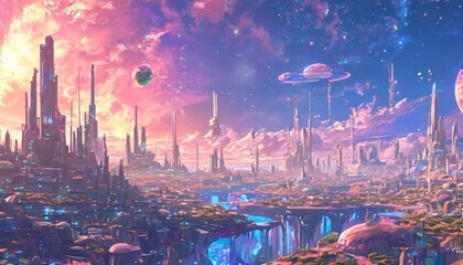 Fototapeta premium A mesmerizing sci-fi cityscape set in the future, featuring towering buildings, floating platforms, and vibrant colors against a dramatic sky. This scene is perfect for futuristic, technology, and