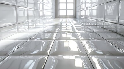 Obraz premium White tiles floor. Closed up of white glossy ceramic brick tiles floor texture, tile pattern in a bathroom