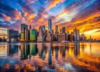 Obraz premium Stunning Manhattan Skyline at Sunset with Vibrant Colors Reflecting on the Water Surface Below