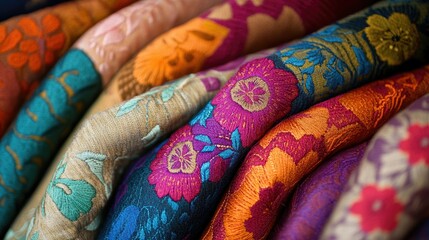 Fototapeta premium Artisan Crafted Beauty: Intricately Embroidered Textile Samples in Vivid Jewel Tones