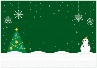 雪だるまとクリスマスツリーの可愛いフレーム　コピースペースタイトルバナー　横型　グリーン　ナチュラス