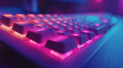 Fototapeta premium Close-up of a backlit computer keyboard with pink and blue lighting.