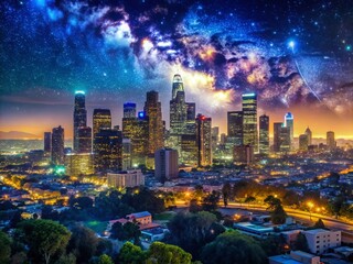 Fototapeta premium Stunning Night Skyline of Los Angeles with Bright City Lights and a Clear Starry Sky Above