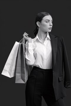 Stylish Shopping Spree: Black and white portrait of a sophisticated woman in a business casual outfit, carrying shopping bags, exuding confidence and effortless style. 