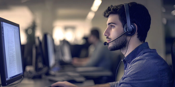 Young man working in customer service wearing a headset 