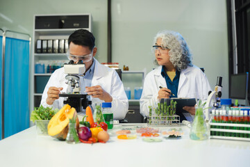 Microbiologist Working on Molecule Samples in Modern Food Science Laboratory, Control experts inspect the concentration of chemical residues. hazards, standard, contaminate.