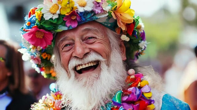 Joyful Elderly Man with Floral Hat