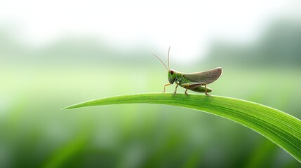 A vibrant green grasshopper rests elegantly on a leaf, set against a softly blurred background. This tranquil image captures the beauty of nature and fine details of wildlife.