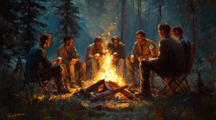 A group of friends gathered around a campfire, sharing stories and roasting marshmallows, oil painting on canvas