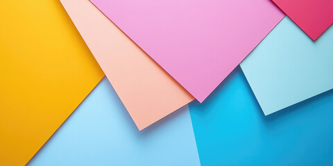 Colorful pastel paper sheets arranged in an overlapping geometric pattern, featuring shades of yellow, pink, peach, and blue.