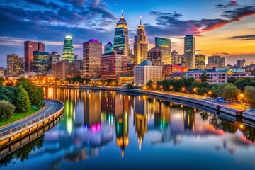 Fototapeta premium Stunning Philadelphia Skyline at Dusk with Colorful Lights and Reflections in the Water 2023