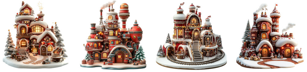 Obraz premium colorful Santa's factory surrounded by snow and trees transparent background