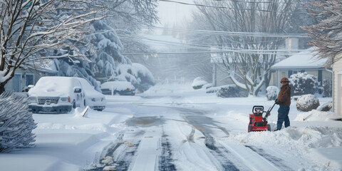 Fototapeta premium Man using a snowblower to clear snow from a road in a residential area, surrounded by snow-covered trees, cars, and houses after a snowstorm.