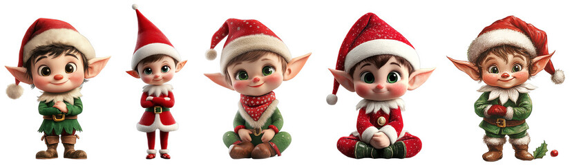 Cute Christmas elves wearing festive hats and clothing smiling transparent background