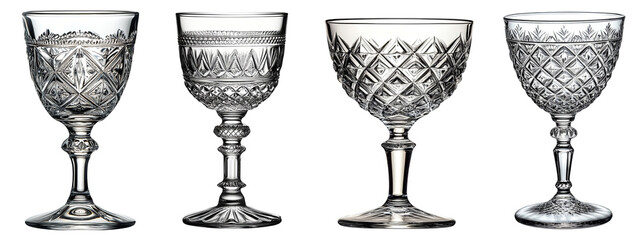 Collection of elegant crystal glassware intricate designs transparent background