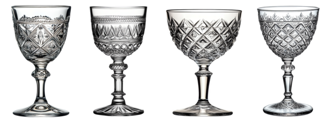 Collection of elegant crystal glassware intricate designs transparent background