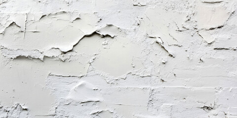 Cracked and peeling white paint on a rough surface, revealing texture and age, with detailed cracks and layers visible..