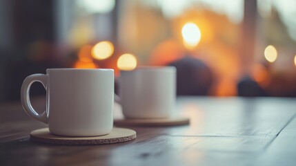 An empty scene featuring a blurred background with soft-focus spooky coffee mugs and a blank coaster, creating an ideal product mockup space,
