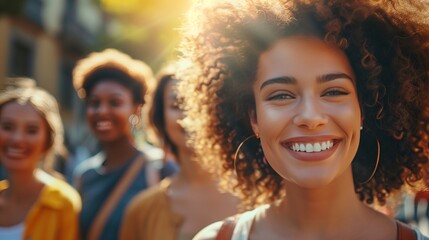 Group of Diverse Young Women Smiling Outdoors in the Sun, Happiness and Friendship