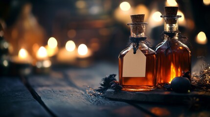 An empty scene featuring a blurred background with soft-focus spooky flasks and a blank product tag, creating an ideal product mockup space,