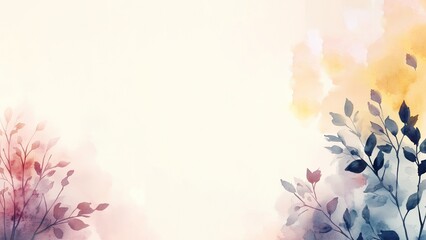 Fototapeta premium Simple and elegant abstract trees and leaves watercolor background, white background, horizontal banner. For card, invitation, web, social media, presentation, slide show, marketing, advertising.