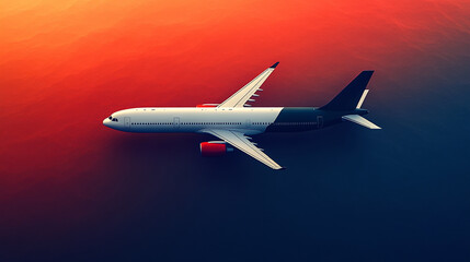 Vector design featuring a white airplane on a red and blue background in a minimalist style, offering open space for travel-related messages.