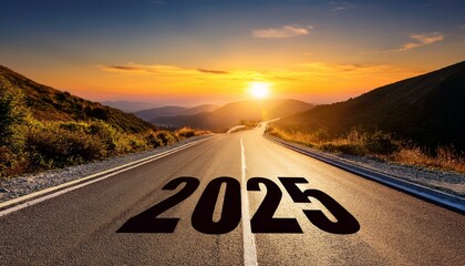 Bonne année 2025 : concept de nouvelle année 2025 avec un lever de soleil sur une route droite et les chiffres 2025 en noir.
