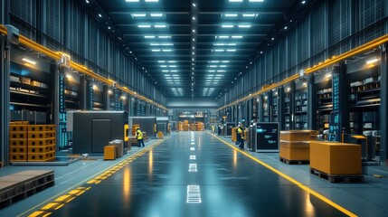 Detailed interior of a modern logistics facility, showcasing barcode scanners tablet-equipped workers, and a digital inventory management system