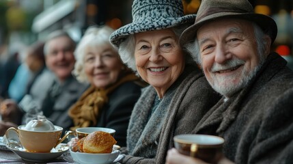 Obraz premium Elegant Senior European Friends Indulging in Leisurely High Tea Gathering