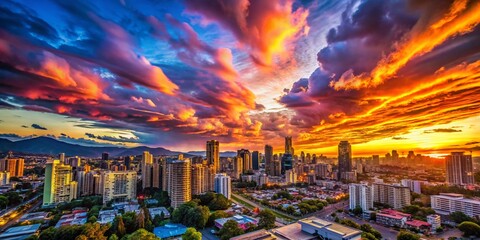 Stunning Reveal of Urban Skyline at Sunset with Vibrant Colors and Dramatic Cloud Patterns Above