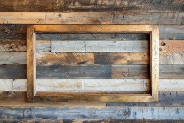 A rugged wooden plank wall with a tarnished brass frame, the empty middle creating a rustic vibe 