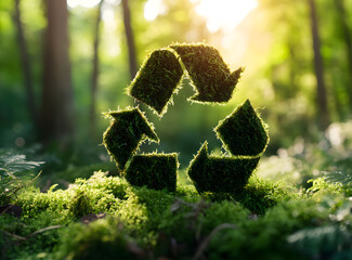 Eco-friendly moss recycling symbol on green grass.