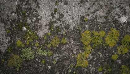 Flatlay background with a grey stone concrete wall covered with green moss.