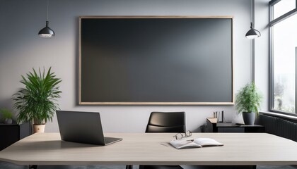 Clean empty blackboard with copyspace in a modern corporation office, no people. Pale toned image, scandinavian style furniture.