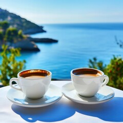 Two Cups of Coffee with Sea View and Coastline in the Background