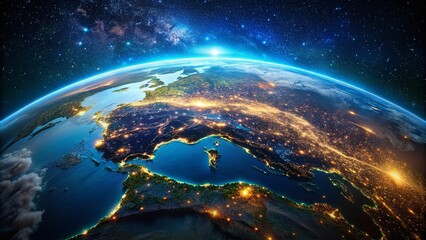 Stunning Satellite View of Earth at Night Showing City Lights and Natural Landscapes from Space