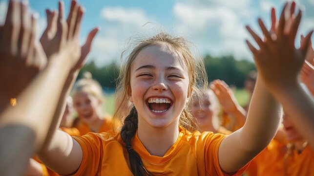 Teenager with Down Syndrome celebrating a sporting achievement high-fiving teammates with excitement
