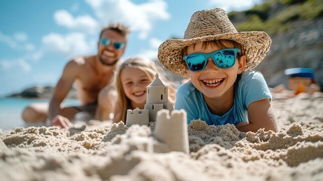 Family with a member who has Down Syndrome enjoying a fun-filled day at the beach building sandcastles