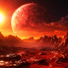 A dramatic, fiery alien world featuring a large planet against a vibrant red sky. The rugged terrain, intense lighting, and deep space backdrop create a striking, otherworldly atmosphere.. AI
