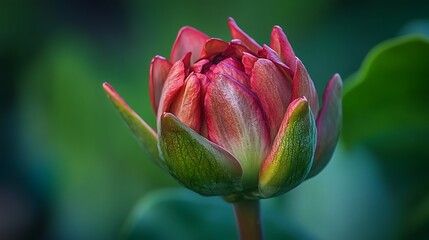 Fototapeta premium A single, vibrant pink bud blooms in a garden, surrounded by lush green leaves.