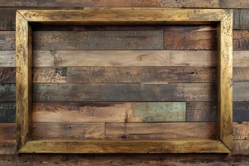 A rugged wooden plank wall with a tarnished brass frame, the empty middle creating a rustic vibe 