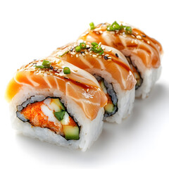 Sushi rolls with different ingredients isolated on white background