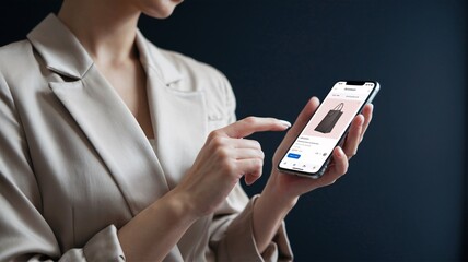 Online Shopping Experience: A stylish woman uses her smartphone to browse and shop online.  The image features a sleek phone and showcases a modern shopping experience. 