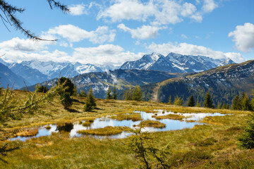Bergsee in einer herbstlichen Moorlandschaft in den Alpen