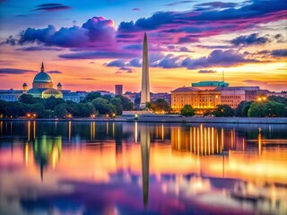 Fototapeta premium Stunning Washington DC Skyline at Dusk with Illuminated Buildings and Reflective Water in View
