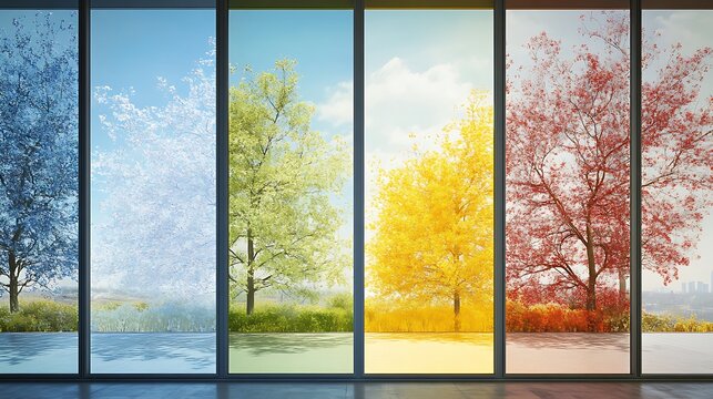 Fototapeta Four seasons in a window view of a tree changing colors.