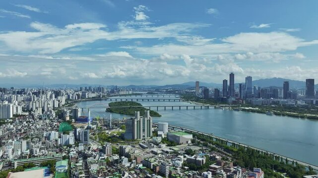 Drone View of Seoul city in South Korea, Hapjeong Station, Summer, 60fps