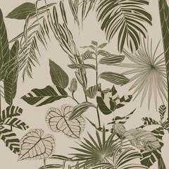 Seamless delicate pattern with  tropical line silhouette tropical plants. Bright tropical rainforest illustration.