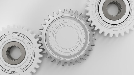3 Cog wheel white gears on white background. UI Gears white, metal. Top view